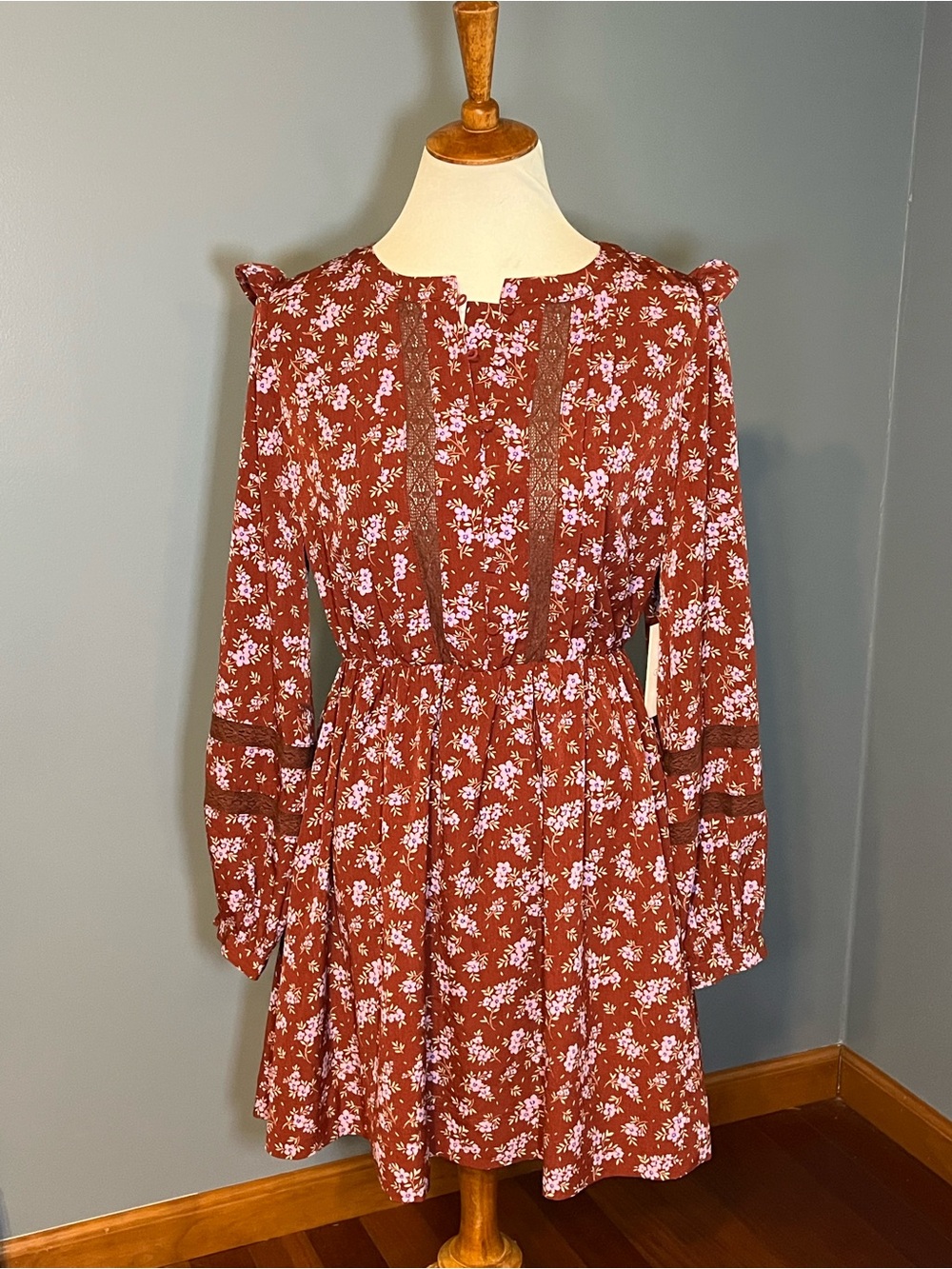 Rustic Boho Greylin Floral Krissy Mini Dress Burgundy Cottagecore Prairie